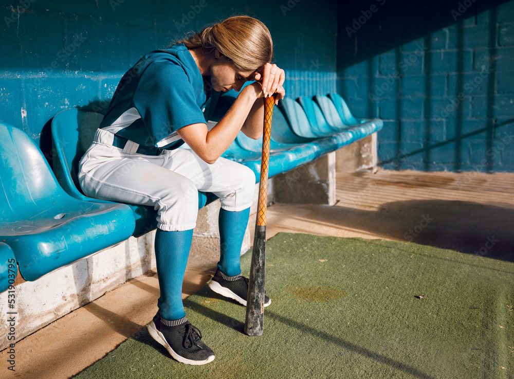 Baseball, sports bench and woman athlete angry thinking of game loss
