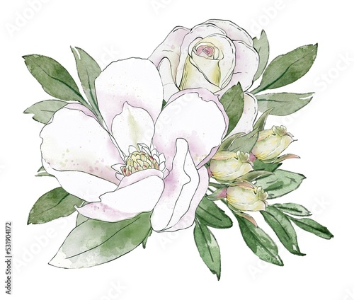 Watercolor Botanical composition of white flowers. Roses, magnolies and buds with greenery. photo