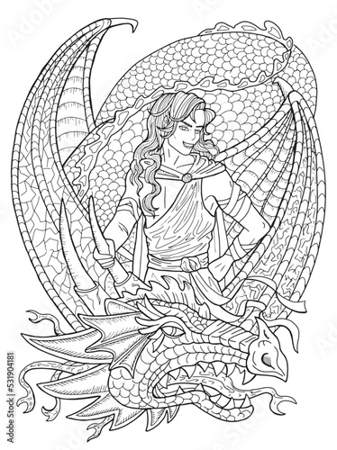 Line art manga style illustration with fantasy dragon and hero man or prince isolated on white © samiramay