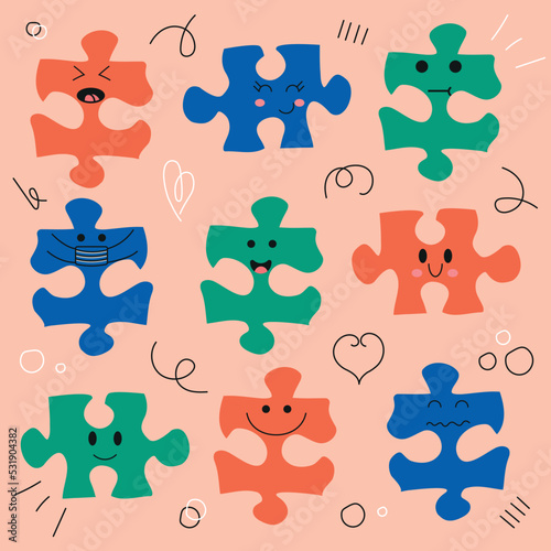 Abstract puzzle with faces. Colorful bright puzzle set  in flat style with various emotions on pink background. Modern hand drawn vector illustration. Cartoon style.