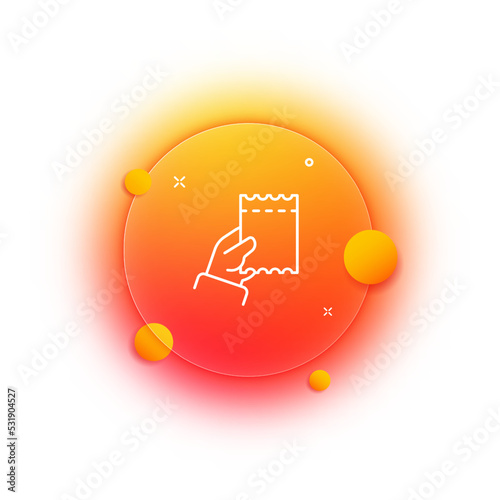 Hand holding a ticket line icon. Coupon, travel card, business trip, receipt, check, invoice, discount certificate. Pass documents concept. Glassmorphism. Vector line icon for Business and Advertising