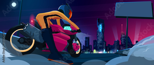 Pink futuristic powerful motorcycle. hi teсh cyberpunk bike. Burnout. Smoke from under the wheels. Night city on the background. Neon. Sci fi vector illustration