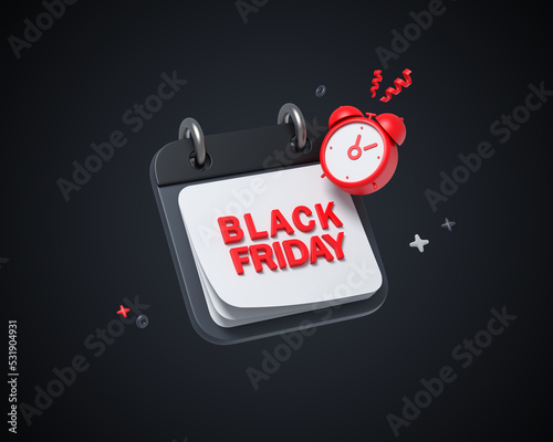 3D Calendar with Alarm notification. Black friday reminder. Minimal creative design. White paper with text Sale. Plan concept. Icon isolated on dark background. 3D Render