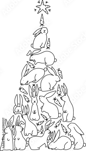 Christmas tree with rabbit's and carrot's line art vector illustration.