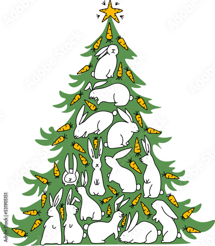 Christmas tree with rabbit's and carrot's line art vector illustration.