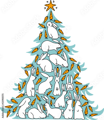 Christmas tree with rabbit's and carrot's colorful vector illustration.