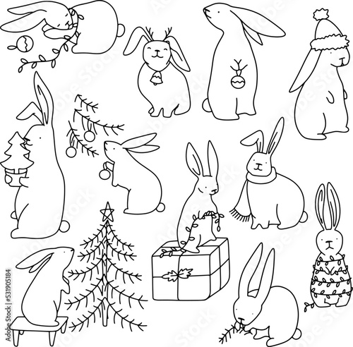 Line art christmas vector set with cute rabbit. Bunny's holiday illustration.