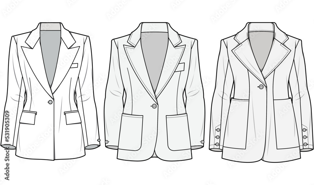 Women One Button Blazer, Single Breasted blazer, Shawl Lapel Blazer Sets Fashion Illustration, Vector, CAD, Technical Drawing, Flat Drawing, Template, Mockup. Women One Button Blazer, Single Breasted blazer, Shawl Lapel Blazer Sets Fashion Illustration, Vector, CAD, Technical Drawing, Flat Drawing, Template, Mockup.