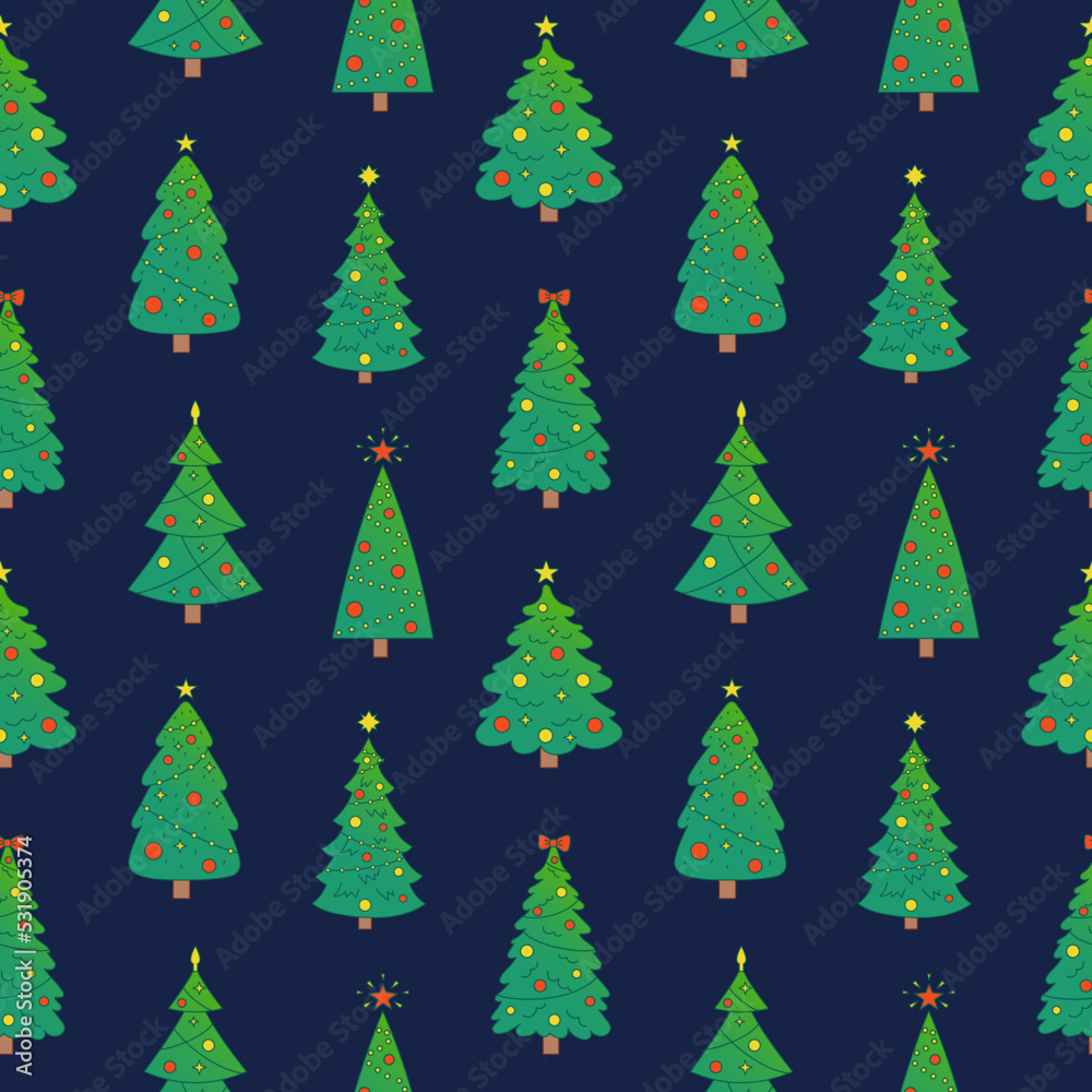 Vector seamless pattern with Christmas trees. Cute New Year pattern on dark blue background. Cute fir trees.