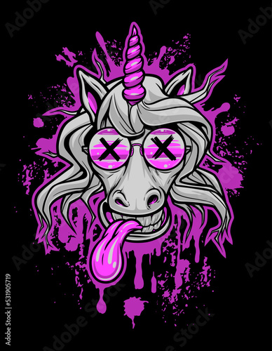 Crazy unicorn head on the bright pink liquid elements. Vector illustration, can be used as T-shirt print. Black, pink and grey series.