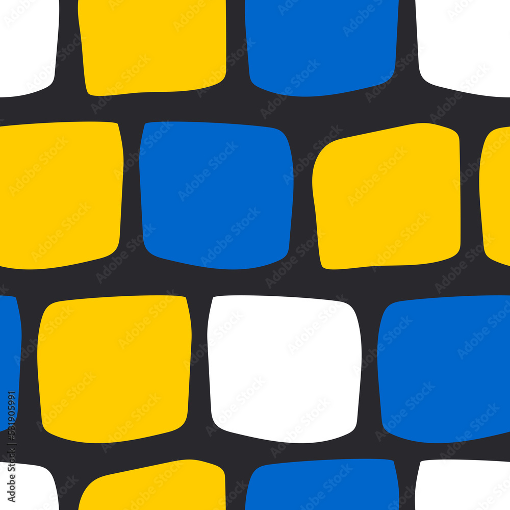 Yellow, blue and white squares on a black background. Seamless trendy pattern with geometric shapes. Yellow, blue and white squares on a black background. Seamless trendy pattern with geometric shapes.
