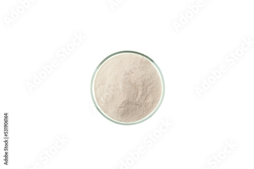 Food additive E407 or Carrageenan Gum Powder in laboratory petri dish on white background, top view. Selective focus, copy space. Research Iota Carrageenan produced from Eucheuma denticulatum