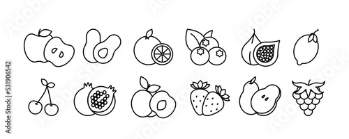 Fruits and vegetables vector icons set. apple, pear, orange, blueberry, fig, lemon, cherry, pomegranate, peach, strawberry, pear, grape	