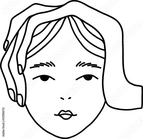 Emotionless face with closed ears. The person is not allowed to hear. A submissive existence under the influence. Vector doodle illustration isolated on white background.