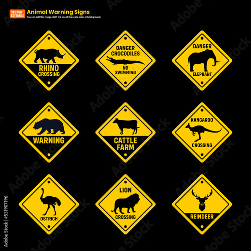 Animal Warning Signs or Animal Crossing Signs on White Background. Set of Road signs - Attention Animal, Rhino, Crocodile, Bear, Elephant, Lion, Kangaroo, Reindeer, Elephant. Vector illustration