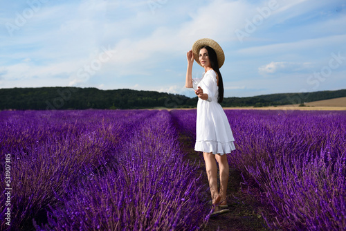 Wallpaper Mural Beautiful young woman walking in lavender field Torontodigital.ca