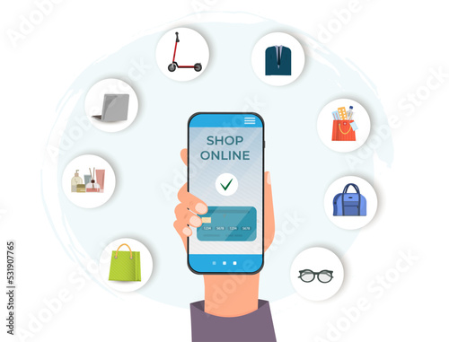 Hand holding mobile phone with mobile app for online shopping, purchase from home concept, domestic life concept, flat vector illustration