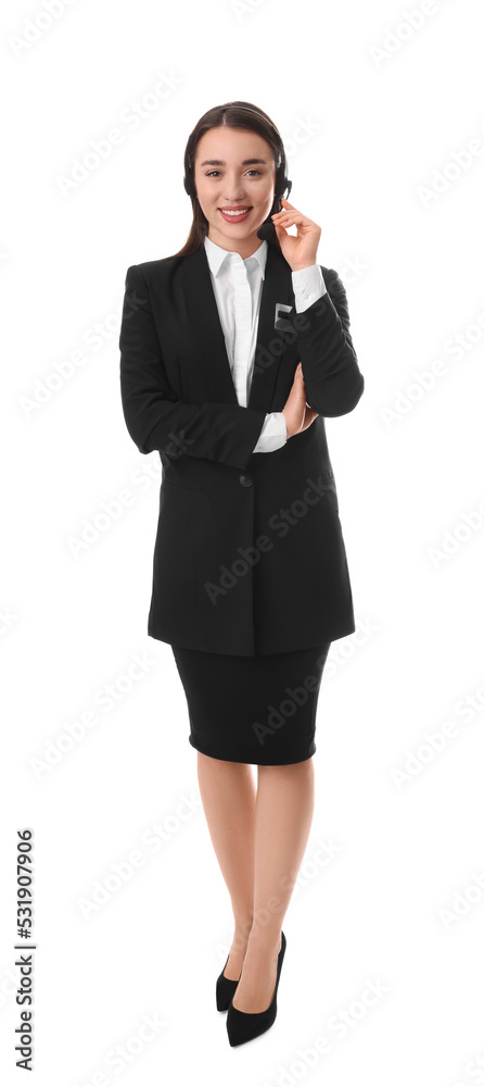 Full length portrait of receptionist with headset on white background Full length portrait of receptionist with headset on white background