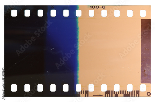 Strip of the poorly exposed and developed celluloid film on transparent background