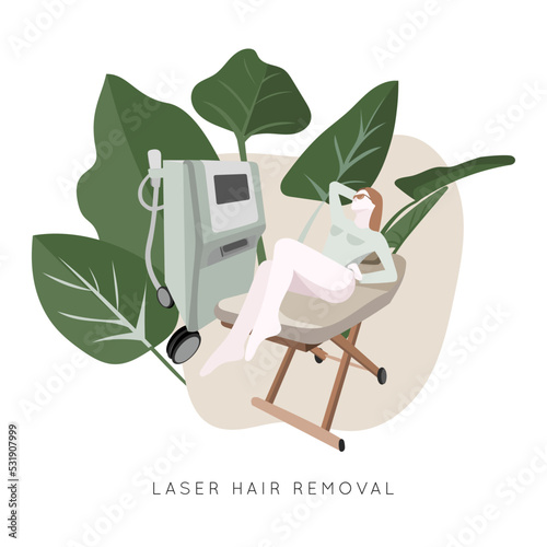 Laser hair removal card. Woman in beauty salon. Depilation, leaves, armchair, protective glasses. Flat vector illustration.