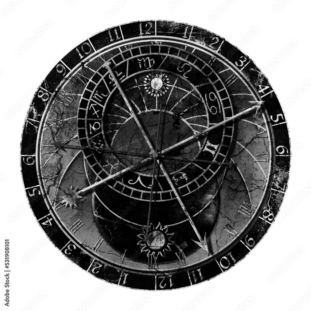 Astronomical clock in grunge style isolated on transparent background Astronomical clock in grunge style isolated on transparent background