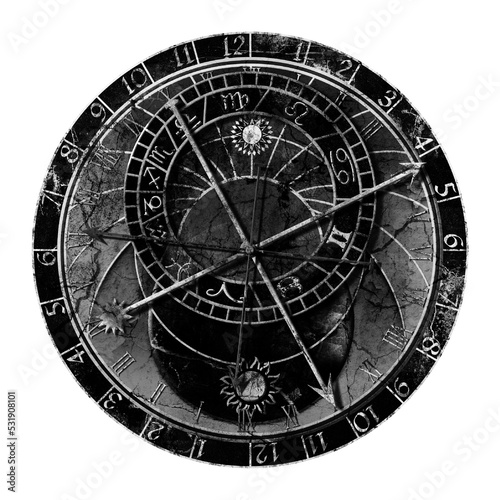 Astronomical clock in grunge style isolated on transparent background