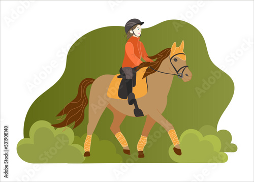 Girl learning horseback riding. Kids horse, pony club. Horse riding. Cute vector illustration for card, advertising, cover, book. © Dasha