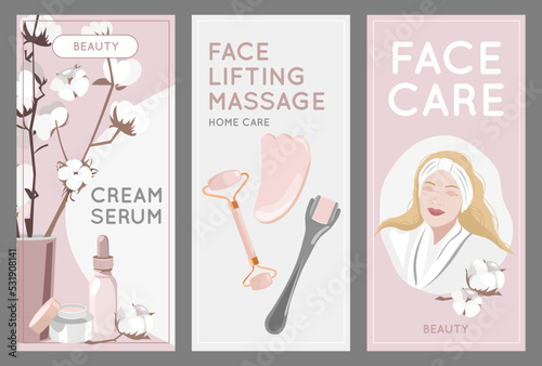 Set of promo flyers for face care, lifting massage, contouring, facebuilding, beauty, cream and serum. Vector illustration for poster, banner, flyer, cover, special offer, advertising.