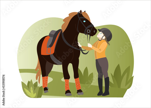 Girl learning horseback riding. Little rider. Kids horse, pony club. Horse riding. Cute vector illustration for card, advertising, cover, book.