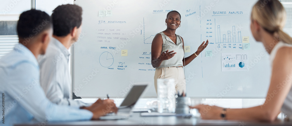Black woman leadership, whiteboard business analysis and presentation for  meeting, workshop planning and team mentor. Manager talking, training and  working vision, strategy idea and finance analytics Stock Photo | Adobe  Stock