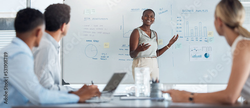 Tableau sur toile Black woman leadership, whiteboard business analysis and presentation for meeting, workshop planning and team mentor