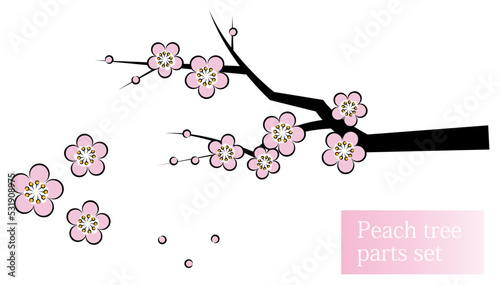 日本の植物 桃の花が咲き誇っている桃の木 和風のお洒落なイラスト パーツセット ベクター