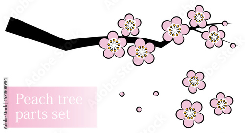 日本の植物 桃の花が咲き誇っている桃の木 和風のお洒落なイラスト パーツセット ベクター