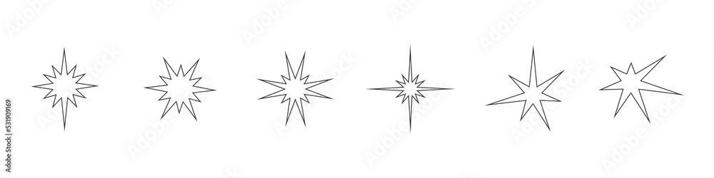 Star glow vector icon. Drawn with a simple line on a white background. A set of glitter stars of different shapes. Star glow vector icon. Drawn with a simple line on a white background. A set of glitter stars of different shapes.