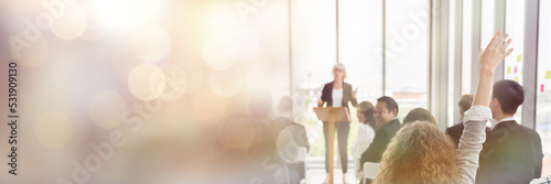 Fotografía Back view of business people raised up hand for question to speaker at business conference