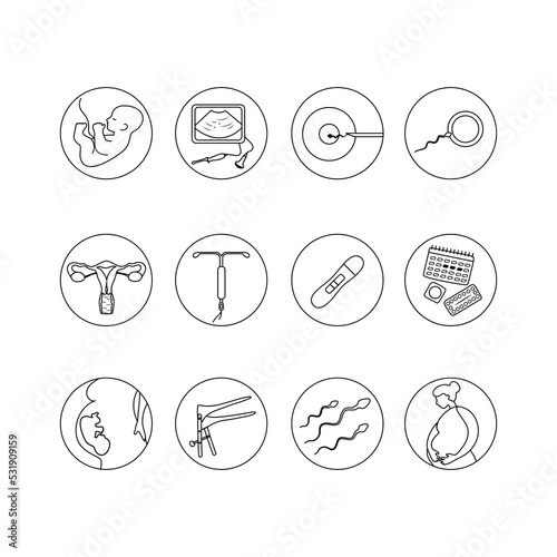 Pregnancy insemination contraception concept. Woman fertility icon set. Obstetrics signs collection.