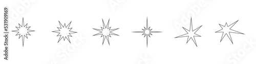 Star glow vector icon. Drawn with a simple line on a white background. A set of glitter stars of different shapes.