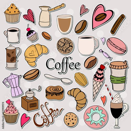 Vector coffee stickers pack in hand-drawn doodle  style