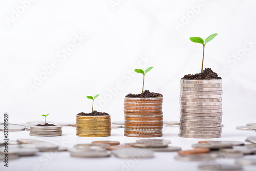 Growing Money - Growing on Coins - Finance & Investment Concept - Saving Concept