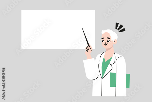 Illustration of aged, senior man in a white coat, a pharmacist, and a doctor explaining the points with a smile. Flat vector illustration isolated on white background 