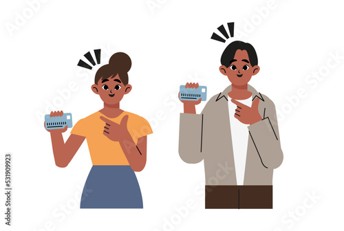 Online payment, like, buy concept. Happy american, african, black, indian couple makes online payment. Young woman, man buyer holds credit card for online payment. Guy buys things on sale. Flat vector