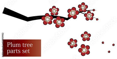 日本の植物 梅花が咲き誇る梅の木 和風のお洒落なイラスト パーツセット ベクター 