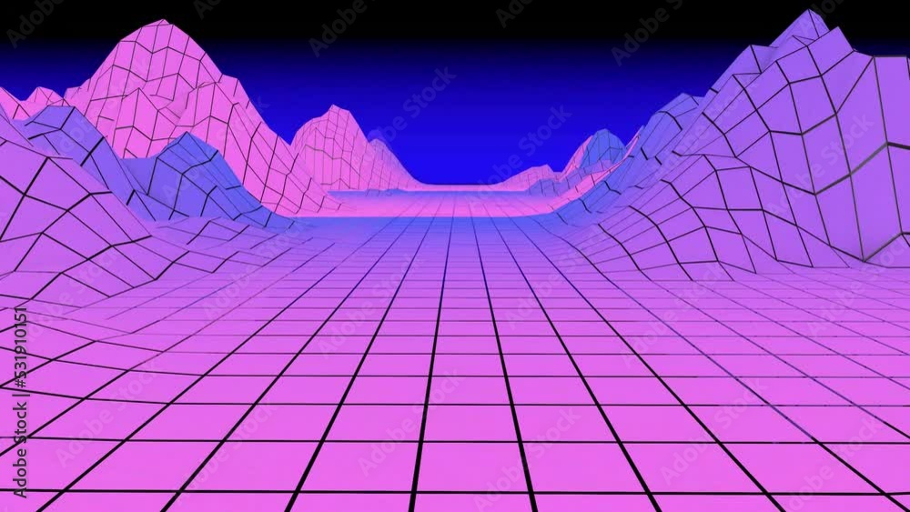 Pink neon futuristic landscape. 3D animation