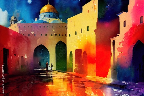 bright watercolor painting with the expression of the night city in bright colors