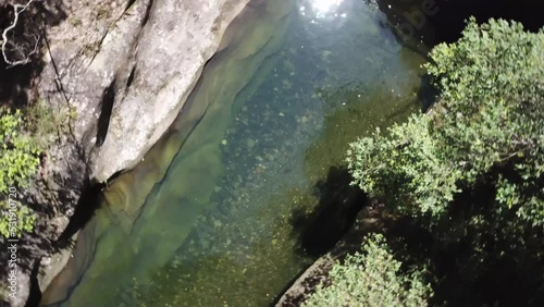 Drone looks down onto a crystal-clear mountain stream and rotates slowly. You can see the rocks, pebbles and sand on the bottom of the stream. photo