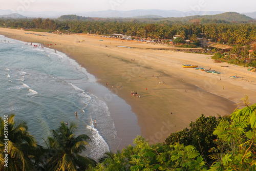 Beautiful top view of the main beach of Gokarna in Karnataka, India. Popular tourist place and place of pilgrimage of the Indians.