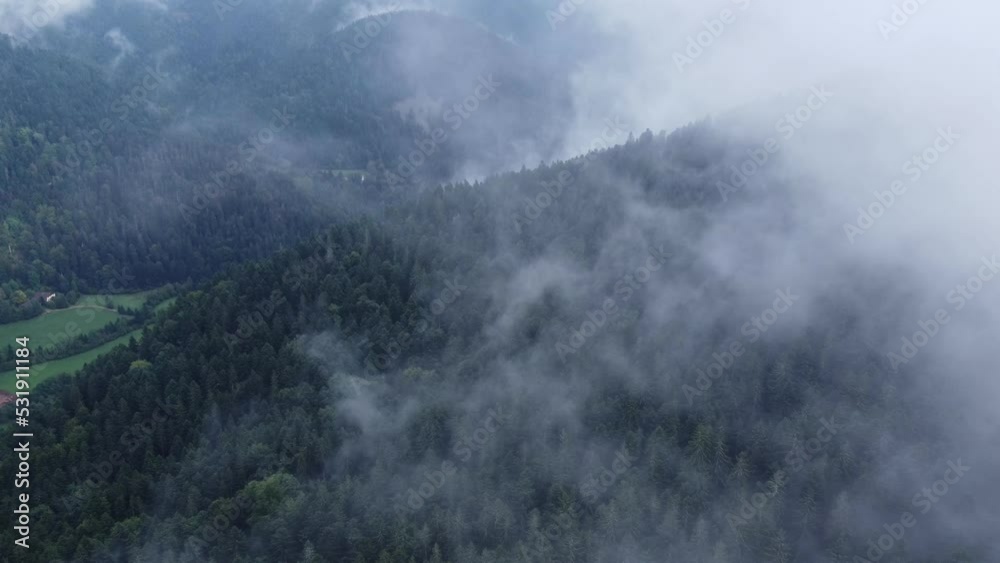 Aerial view of a dark mountain forest with big moody white clouds, in Vosges, France, 4K Aerial view of a dark mountain forest with big moody white clouds, in Vosges, France, 4K
