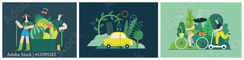 Ecology - Modern flat vector concept illustration on green positive thinking. Waste sorting, Recycling, Green energy, Save the planet, bio farming. Creative landing web page illustrations set