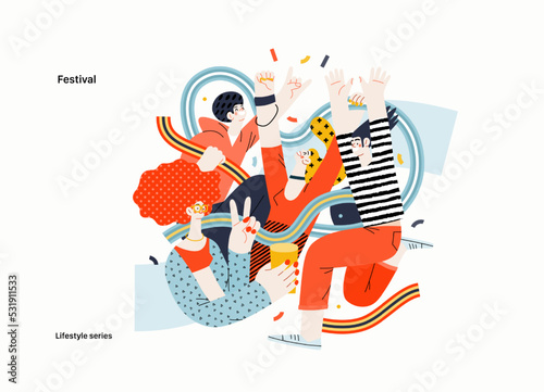 Lifestyle series - Festival - modern flat vector illustration of a man and a woman taking part in the rock musical festival. People activities concept