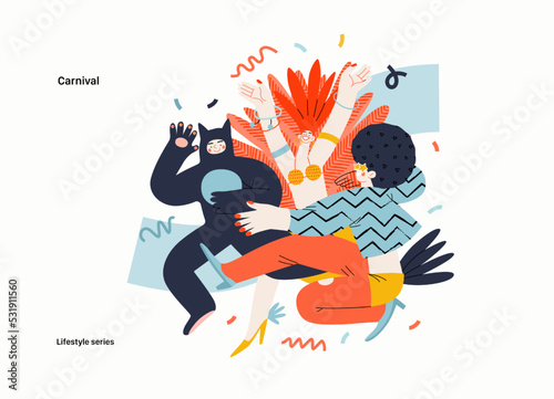 Lifestyle series - Carnival - modern flat vector illustration of masked people dancing together, taking part in the costume carnival procession. People activities concept